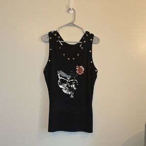 **4/$20 TEES**Black Sleeveless Top with Skull And Rose Design Biker Chick LOT K